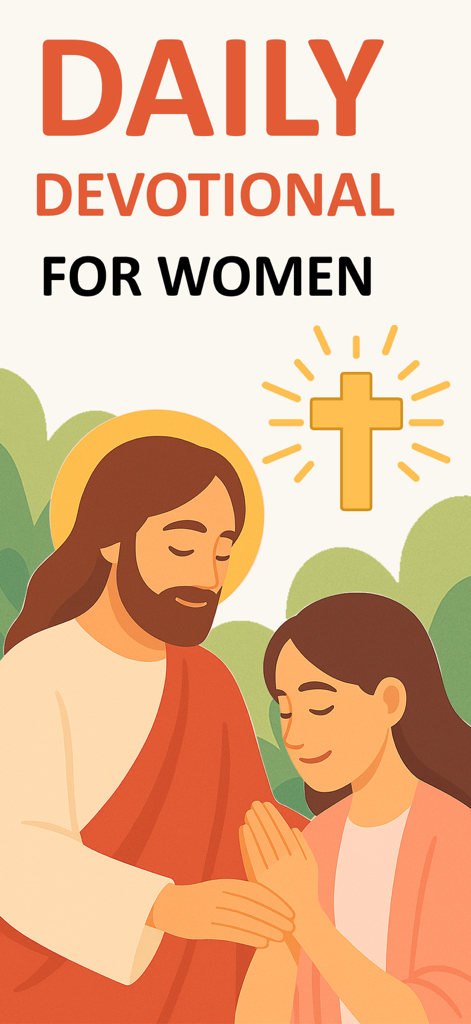 Daily Devotional For Women 365 - Ilustração de Jesus confortando uma mulher em oração com uma cruz brilhante ao fundo.