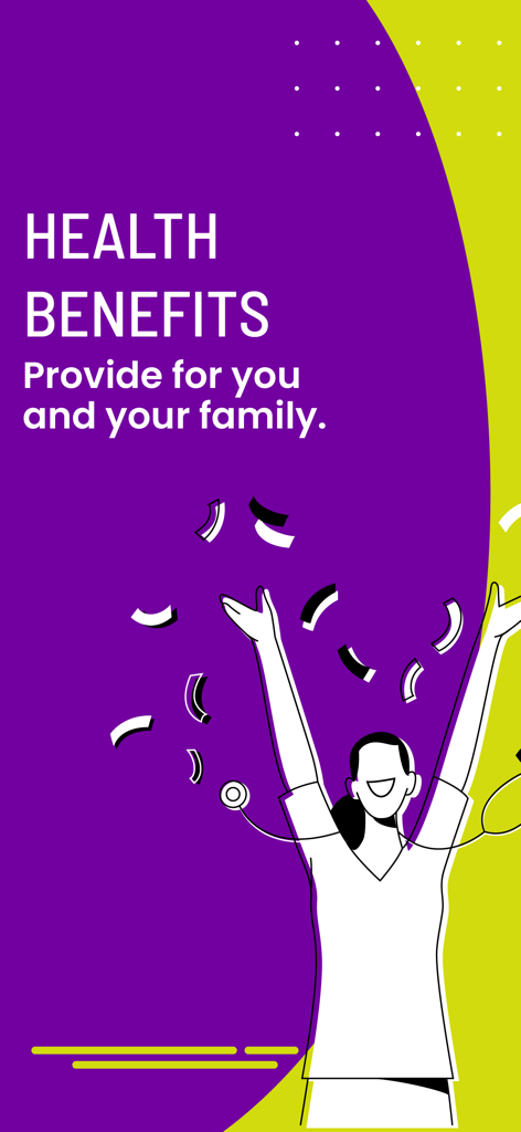 ShiftMed - Nursing Jobs App - 의료 제공자 및 가족을 위한 건강 혜택에 대한 텍스트와 함께 축하하는 의료 전문가의 그래픽 삽화