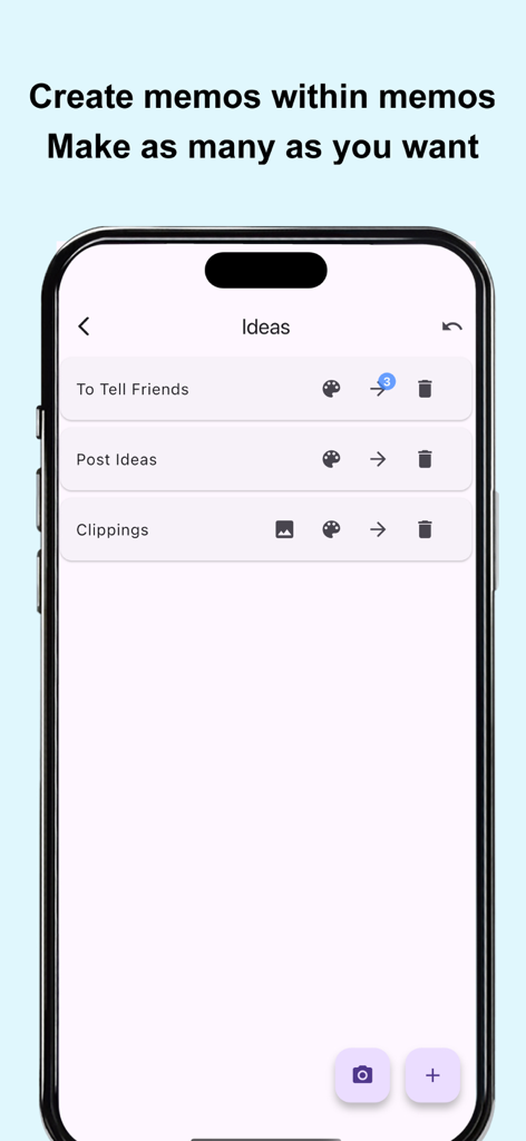 Screenshot of the Memo-Only Memopad app interface showing nested folder organization and hierarchical memo lists