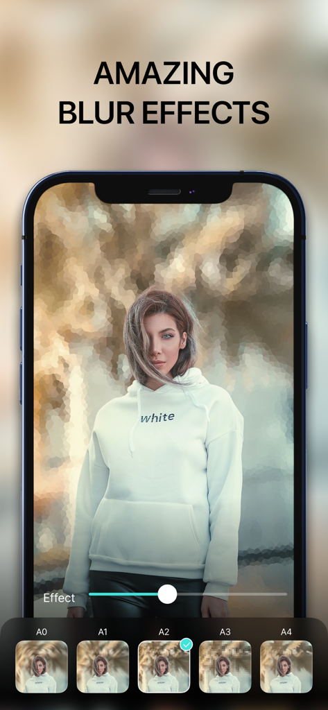 Blur Photo - Background & Face - Smartphone-Bildschirm, der erstaunliche Weichzeichnungseffekte auf einem Porträtfoto zeigt