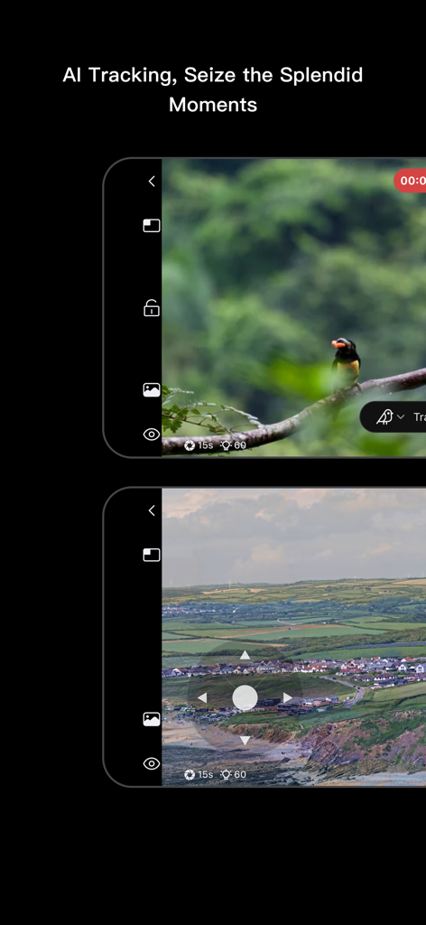 DWARFLAB - DWARFLABアプリのインターフェース。野生動物や風景写真のためのAI追跡機能を表示しています。