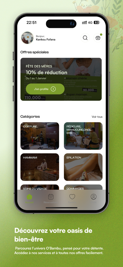 O-Bambu - O-Bambuモバイルアプリのホーム画面。ハマムやヘアスタイリングなどのウェルネスおよび美容サービスカテゴリを表示