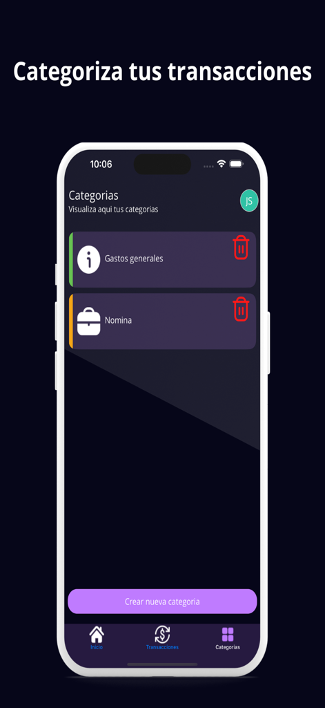 FinanzApp - Finanza Personal - Mobiler Bildschirm von FinanzApp, der die Transaktionskategorisierungsfunktion mit spezifischen Kategorien wie allgemeine Ausgaben und Gehaltsschecks zeigt.