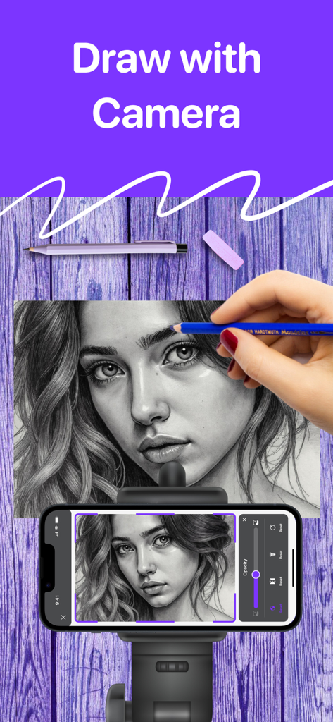 ARtie: AR Drawing & Sketch - Une main esquissant un portrait sur papier tout en utilisant l'application ARtie sur un smartphone pour tracer des lignes projetées.