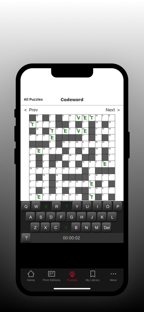 The London Standard - Smartphone screen displaying an interactive codeword puzzle within The London Standard app