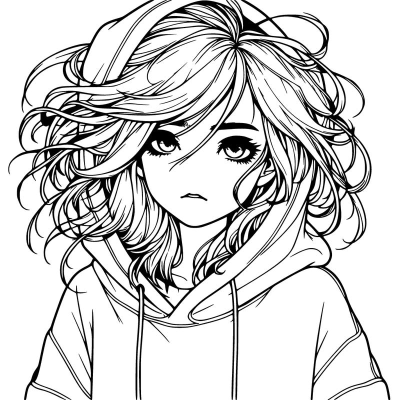 realistic girl with baggy hoodie with messy hair