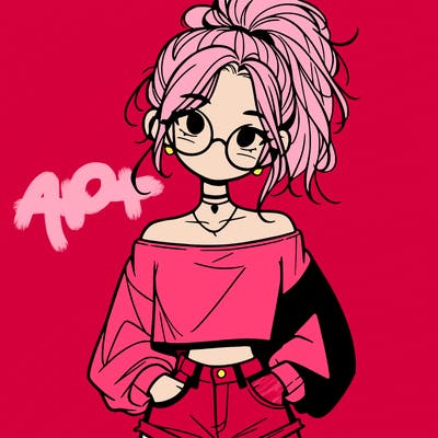 girl with a messy ponytail glasses a baggy crop top and jean shorts