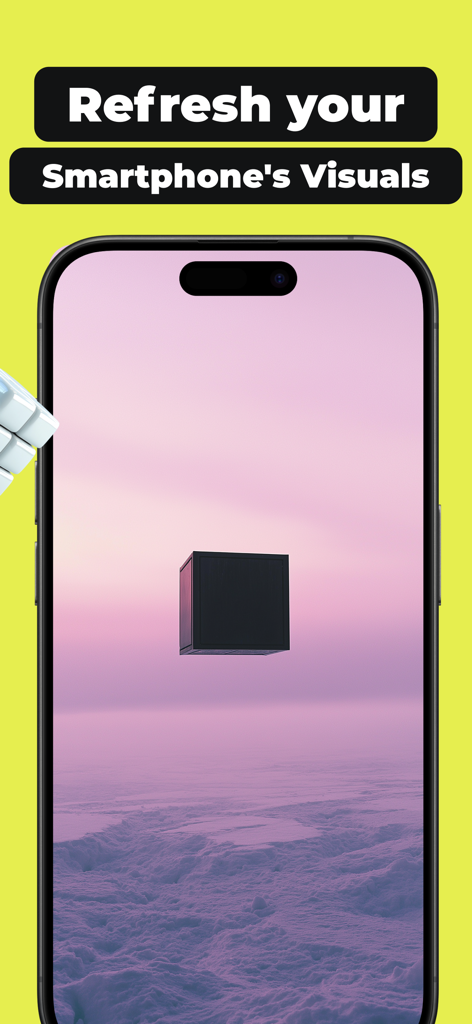 Live Wallpaper & 4K - WallPix - Pantalla de smartphone que muestra un fondo de pantalla 4K minimalista con un cubo flotante en la aplicación WallPix