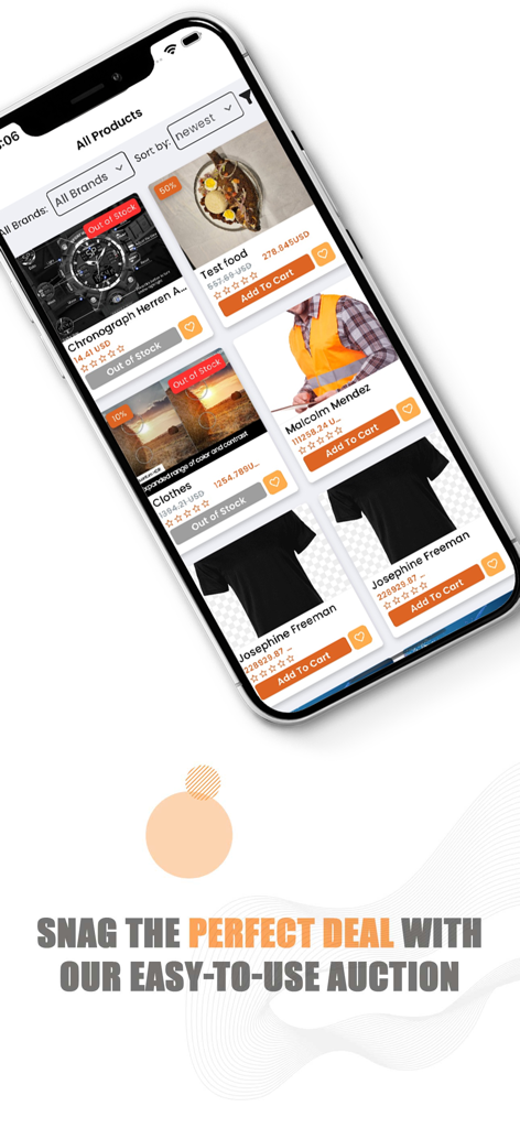 Moyen Xpressアプリの商品リストを表示するモバイル画面。様々な商品とオークションセールスローガンが含まれています。