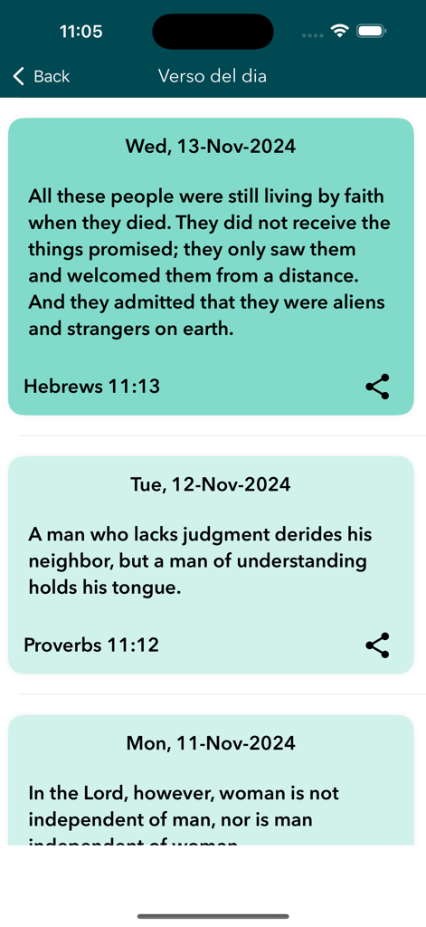 Biblia Takatifu - Une liste de versets bibliques quotidiens de l'application mobile Biblia Takatifu montrant des passages des écritures pour différentes dates.