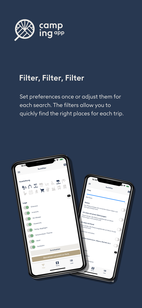 Two mobile screens displaying granular search filters for camping sites and equipment in the Camping App Eu.