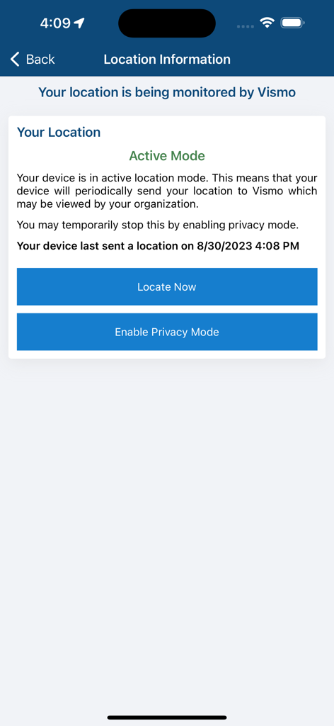 Vismo: Locate & Protect - Interface of the Vismo app displaying location monitoring settings in active mode.