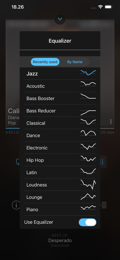 Menú de configuración del ecualizador en la aplicación play:Sub que muestra varios ajustes preestablecidos de audio como Jazz y Acústico