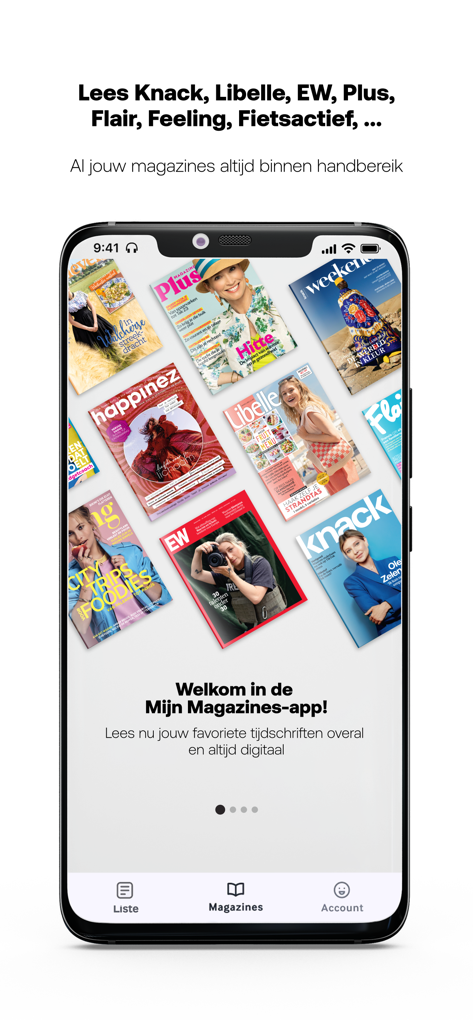 Mijn Magazines App Willkommensbildschirm auf einem Smartphone, das mehrere beliebte Magazincover zeigt