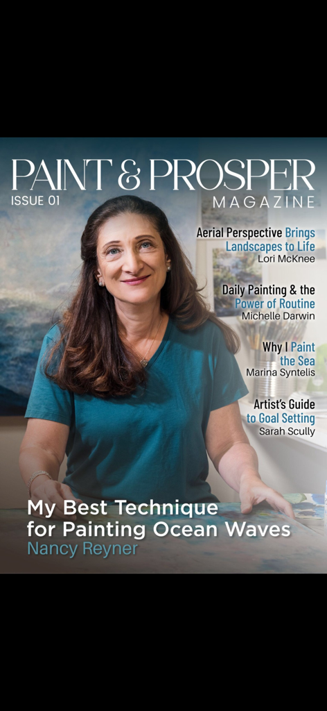 Portada de Paint and Prosper Magazine Número 01 con la artista Nancy Reyner y artículos profesionales sobre negocios de arte.