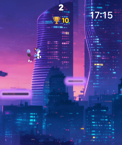 Cat Jump For Watch - Un gato lindo saltando entre plataformas brillantes en un paisaje urbano futurista de neón.