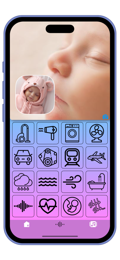 Colic: Sleep Sounds & Musics - Mobile app interface showing icons for various soothing baby sleep sounds like white noise and heartbeat