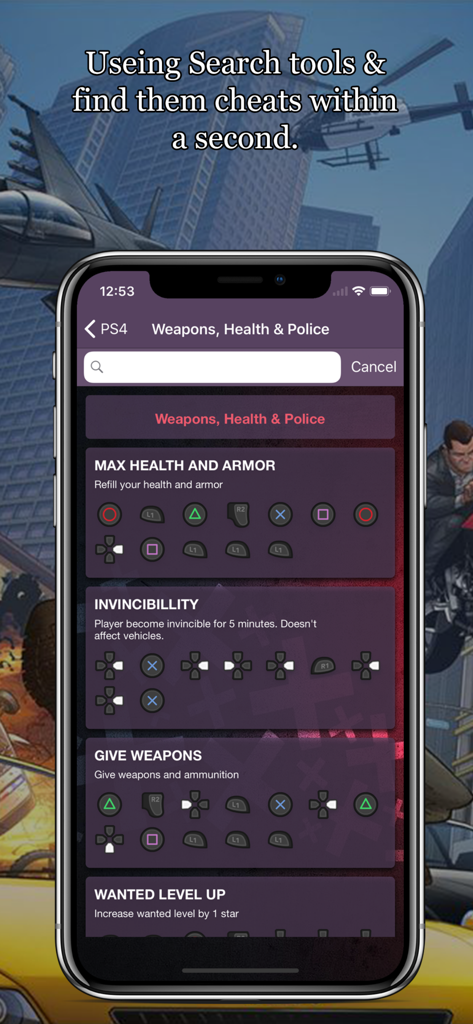 モバイルアプリのインターフェース。無敵、武器などのGTA 5 PS4チートコードのボタンの組み合わせが表示されています。