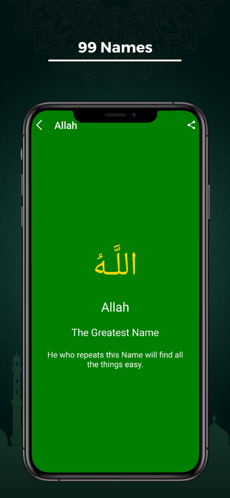 Muslim App - Islamic Pro - Muslim App Islamic Pro screen showing the 99 Names of Allah feature.