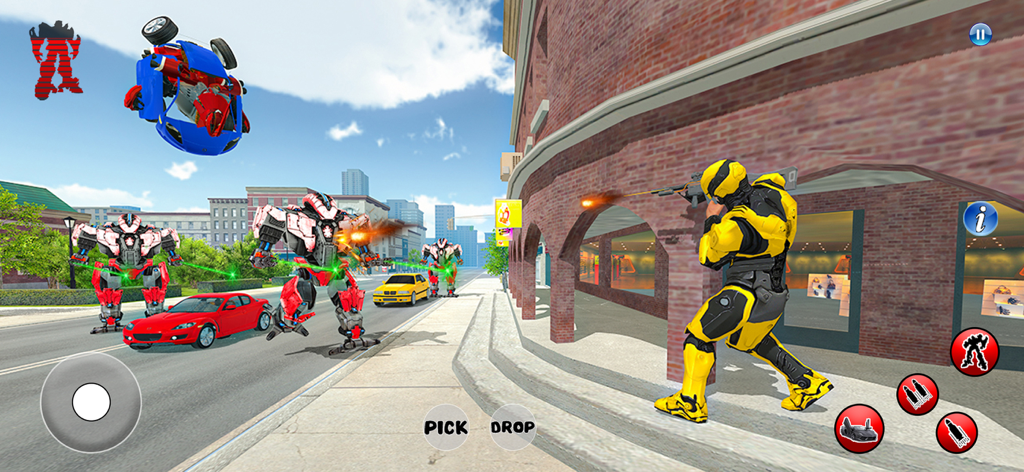Robot Car War Transform Battle - Un robot amarillo disparando a robots enemigos en una calle de la ciudad en un juego de guerra de transformación