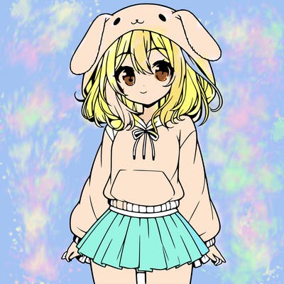 pretty anime girl wearing a fluffy hoodie with bunny ears on the hood and a skirt