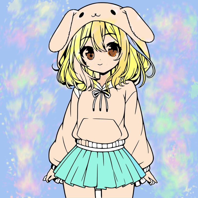 pretty anime girl wearing a fluffy hoodie with bunny ears on the hood and a skirt
