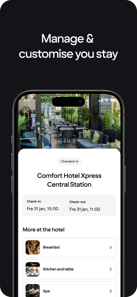 Strawberry app interface showing hotel stay management and customization options