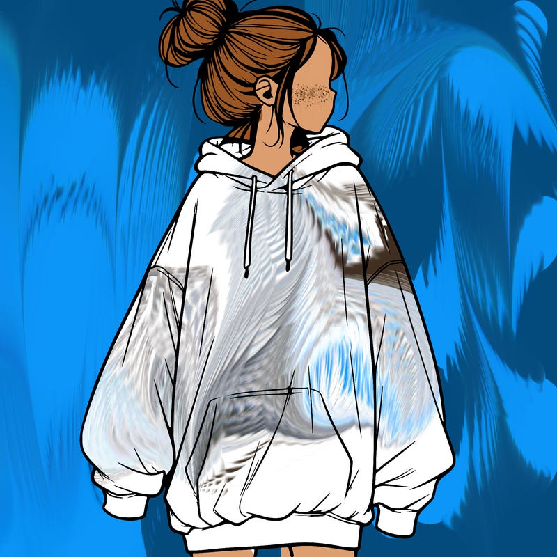 realistic girl with a oversized sweatshirt on and a bun