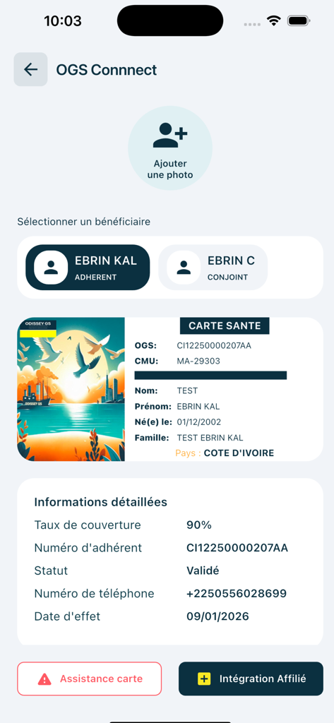 OGS Connect - Interface de cartão de seguro saúde digital no aplicativo OGS Connect mostrando a porcentagem de cobertura e informações do membro.