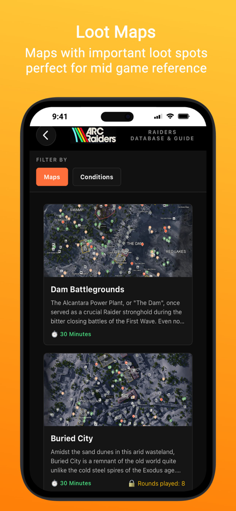 ARC Intel: A Raiders Database - ARC Intel app interface showing loot maps for Dam Battlegrounds and Buried City in ARC Raiders.