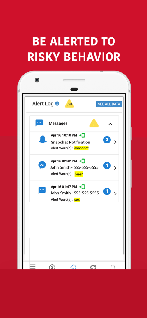 WebWatcher parent app alert log displaying notifications for risky behavior and specific keywords in messages