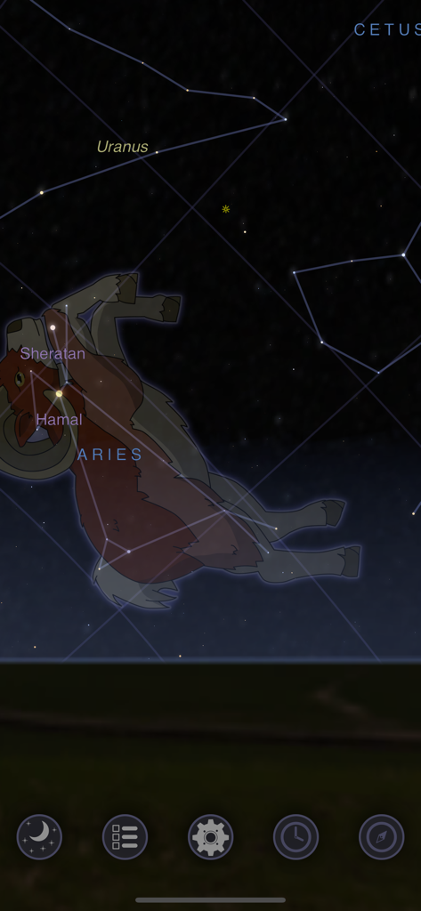 StarMap 3D+ Plus - StarMap 3D Plusアプリには、雄羊のイラストと天体ラベルが付いた牡羊座が表示されています。
