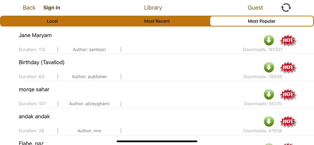 Lista de canciones populares subidas por usuarios en la pantalla de la biblioteca de la aplicación Santoor