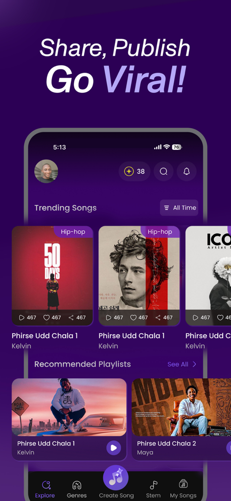 Interface of Song GPT app displaying trending AI generated songs and recommended playlists.