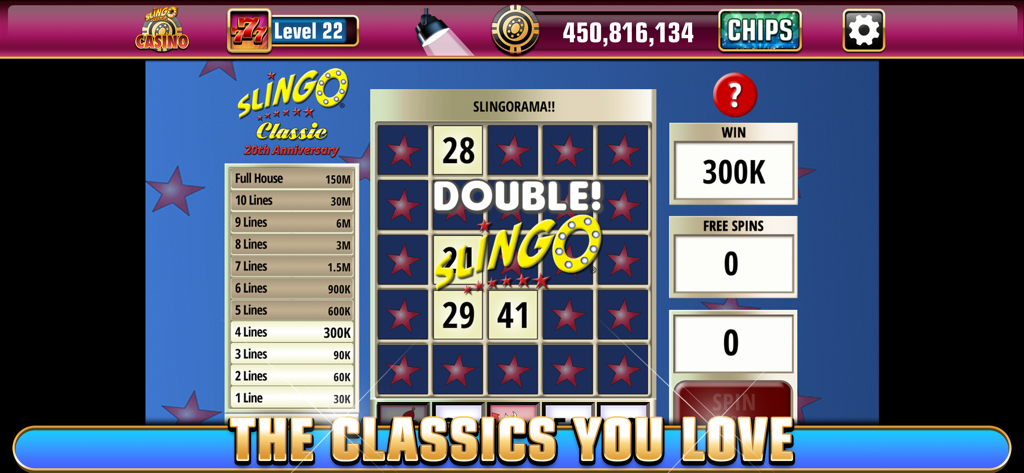 Gameplay of Slingo Classic in the Slingo Casino app featuring a double slingo win on a blue star background.