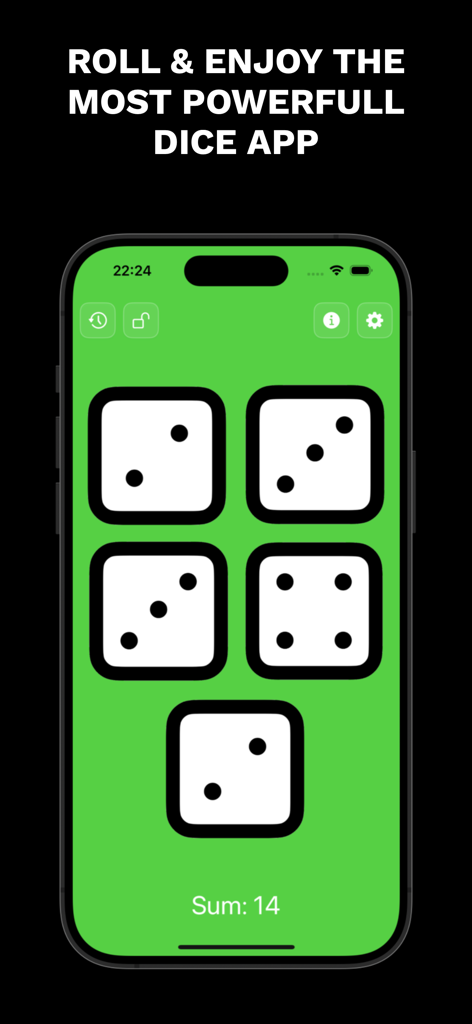 App de dados digital mostrando cinco dados blancos y una suma de catorce en una pantalla verde