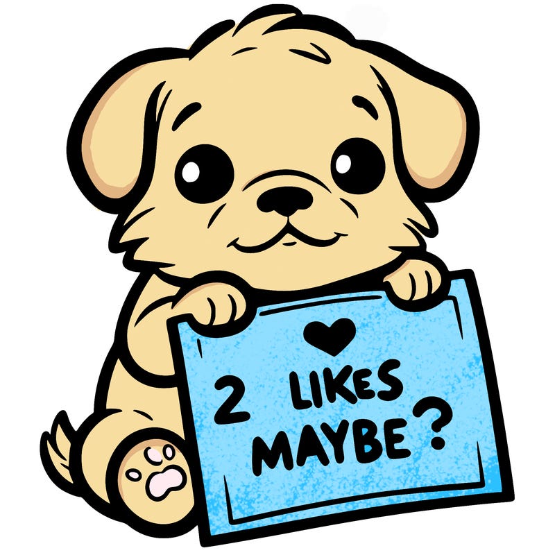 a puppy holding a sign that says 2 likes maybe?