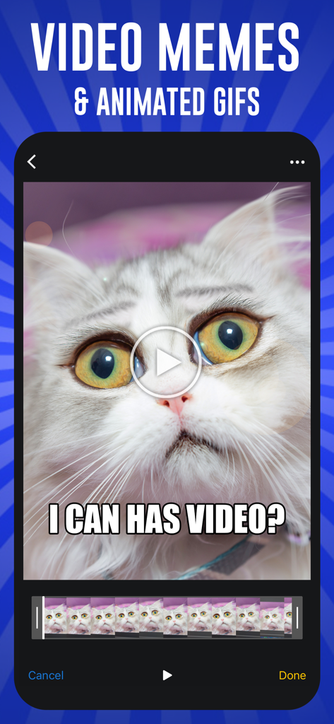 白い猫を使ってビデオミームを作成するインターフェースを表示するMeme Maker Proアプリのスクリーンショット。