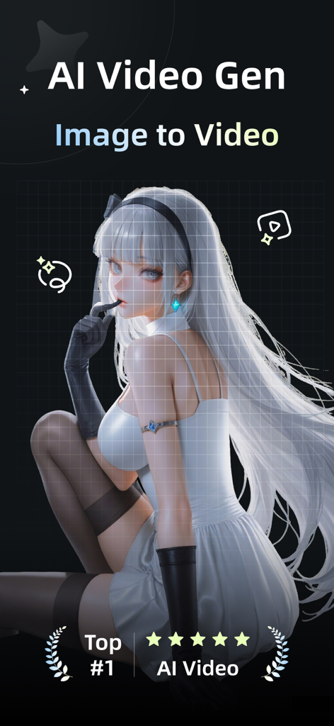 AI Video：AI Video Generator - AI動画ジェネレーターアプリのインターフェイス。白髪のアニメ少女が登場する「画像から動画へ」機能を表示。