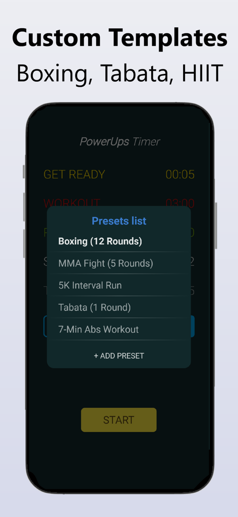 Interval Timer: Tabata Timer - Interval timer mobile app screen showing a presets list for boxing, MMA fight, and HIIT workout templates