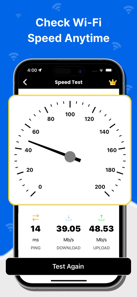 Wifi Password Community - WiFi speed test interface showing download and upload speed results