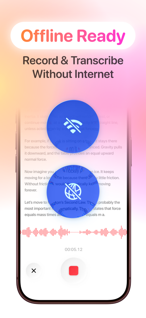 AI Lecture Note Taker - Smartphone display of AI Lecture Note Taker app recording and transcribing text offline.
