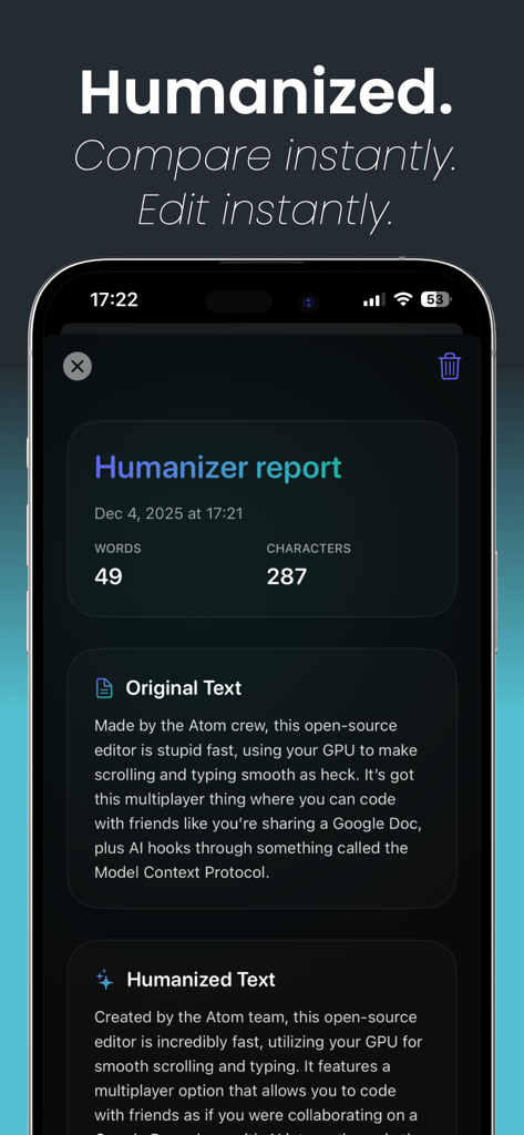 AI Detector - Humanizer - Mobile app interface displaying a comparison between original text and humanized text in a report view