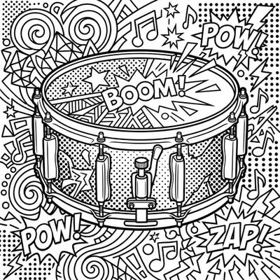 Dive into a world of rhythm and vibrant design with this energetic Pop Art snare drum coloring page, perfect for teens. Featuring bold outlines, explosive sound effects, and cool musical motifs, it promises an exciting artistic journey.