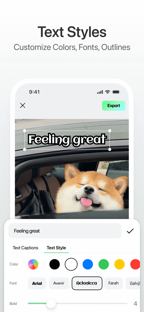StickerX - Sticker Maker - StickerX app interface showing text style customization options for a dog sticker