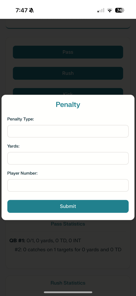 Football Stat Tracker Pro - Interface de l'application Football Stat Tracker Pro montrant le formulaire de saisie des pénalités avec des champs pour le type, les yards et le numéro du joueur