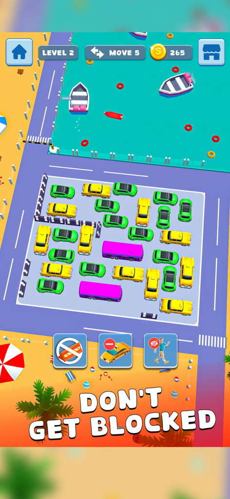 Car Jam Vehicle Escape - Pantalla del juego móvil Car Jam Vehicle Escape con un puzzle de estacionamiento y un paisaje de playa