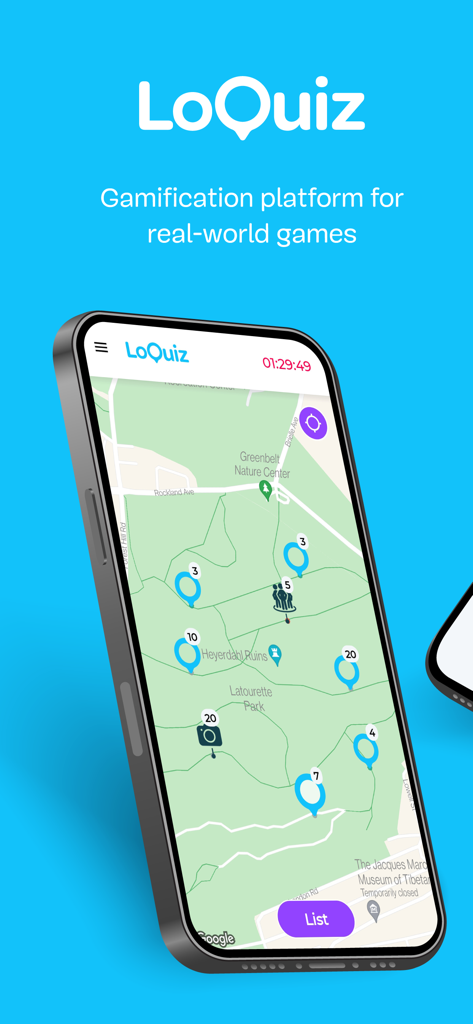 Loquiz - Smartphone screen showing the Loquiz app map interface with numbered game pins for an outdoor scavenger hunt