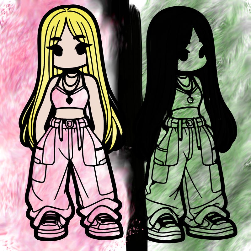 girl in baggy pants crop top and long hair