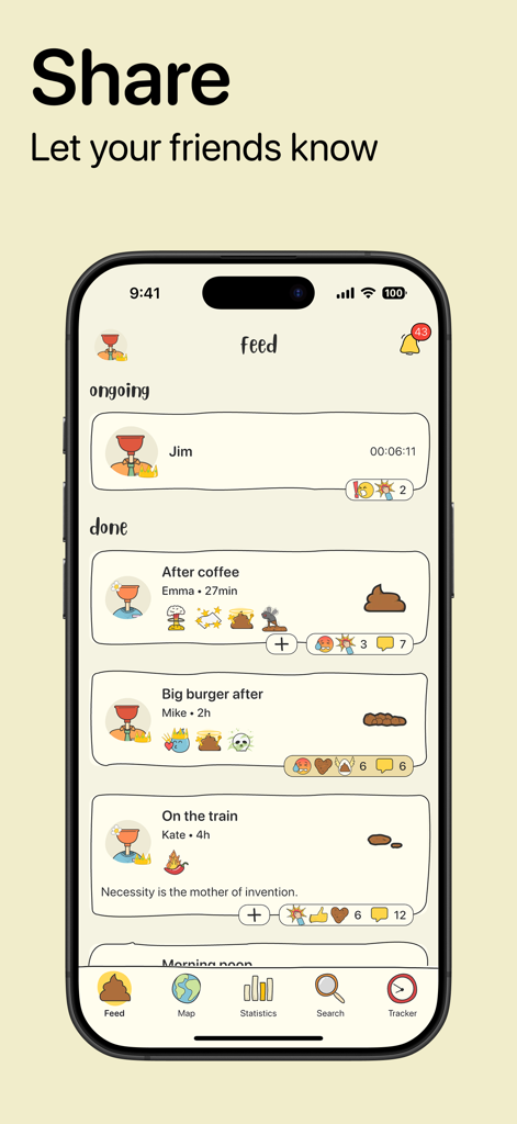 A mobile screen showing the Poopie app social feed where users share their bathroom sessions and react to friends logs with emojis